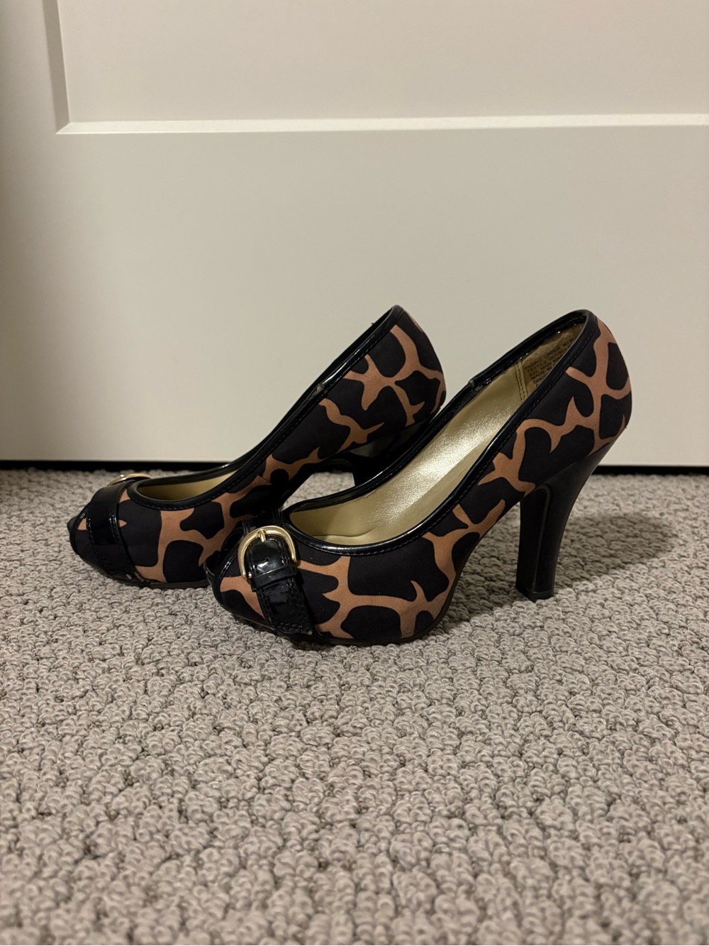 Women's Brown and Black Patterned Peep-Toe Heels